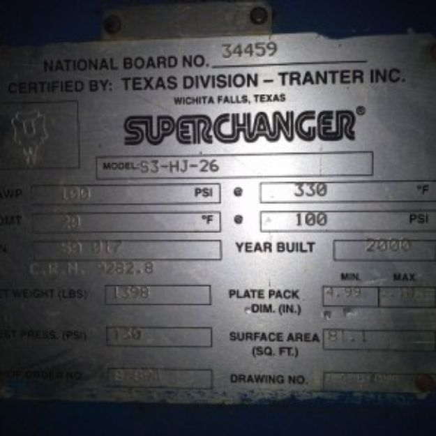 Picture of 81 Sq.Ft. Superchanger Plate Heat Exchanger Model S3-HJ-26 Year 2000 100 PS